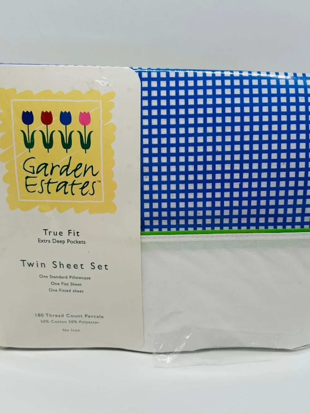 VTG 1998 Garden Estates Twin Sheet Set Blue White Floral & Gingham Jessica Plaid
